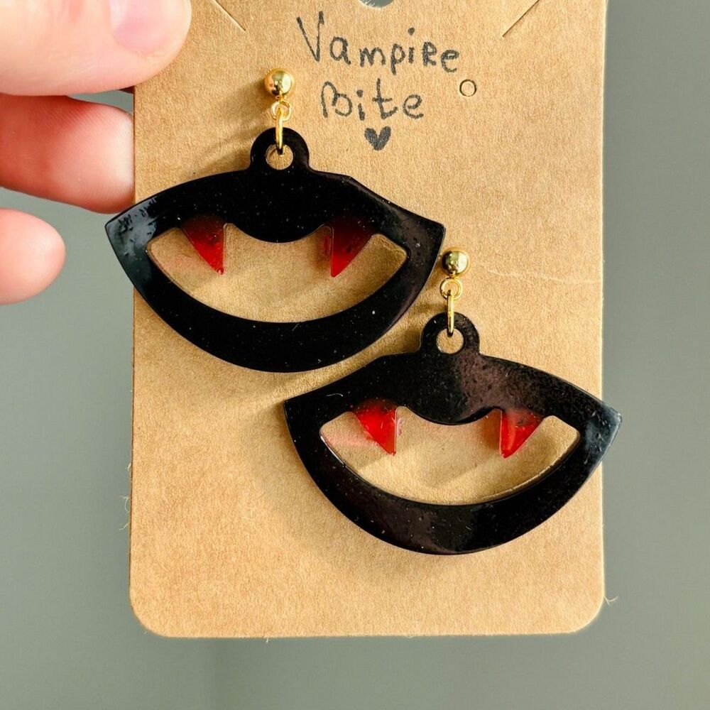 Vampire Fang Earrings, Black Blood Red Jewelry, Dark Romantic Gothic Halloween
